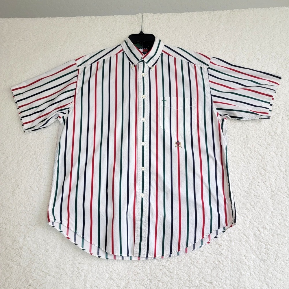 Tommy Hilfiger Men's Med Shirt Red Green Blue Striped Button Short Sleeve Y2K